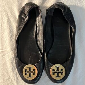 Tory Burch Black Leather Flats with Gold Logo